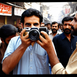 **

Prompt: Digital cameras revolutionize media production in Pakistan. Show a modern digital camera in a bustling Karachi market scene. People are filming and taking photos, highlighting the instant results and improved quality compared to older film cameras. Emphasize the accessibility and ease of use.

**