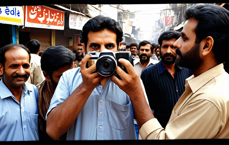 **
Prompt: Digital cameras revolutionize media production in Pakistan. Show a modern digital camera in a bustling Karachi market scene. People are filming and taking photos, highlighting the instant results and improved quality compared to older film cameras. Emphasize the accessibility and ease of use.
**