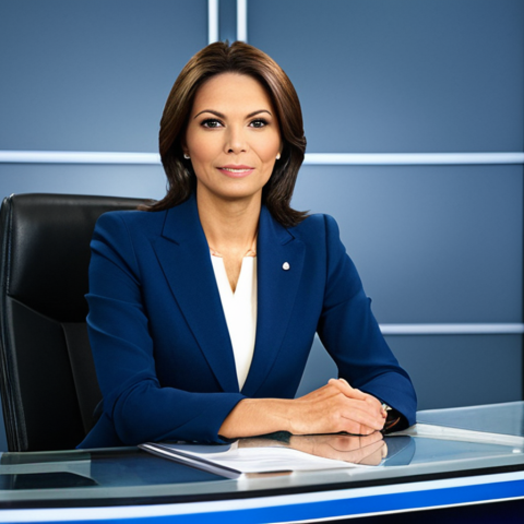 **

"A professional female news anchor in a modest, dark blue business suit, sitting at a news desk in a modern television studio, fully clothed, appropriate attire, safe for work, perfect anatomy, correct proportions, well-formed hands, proper finger count, natural body proportions, professional studio lighting, family-friendly, serious expression, news report setting."

**