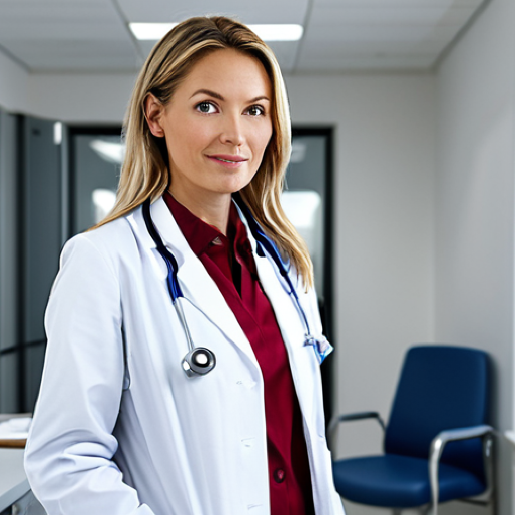 미디어 프로듀서의 업무 분장 사례 - **Prompt:** A confident female doctor in a clean, modern hospital office, wearing a professional whi...