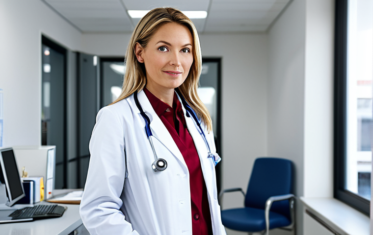 미디어 프로듀서의 업무 분장 사례 - **Prompt:** A confident female doctor in a clean, modern hospital office, wearing a professional whi...