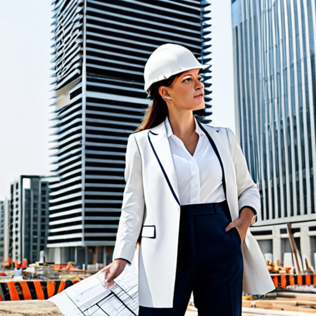 미디어 프로듀서가 알아야 할 시장 변화 - **

A professional female architect, fully clothed in a stylish yet modest pantsuit, reviewing bluep...