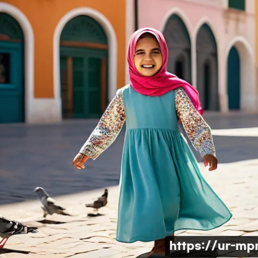 미디어 프로듀서 필수 이론 주제 - **A young girl (approximately 7 years old) wearing a colorful, patterned hijab and a modest, long-sl...