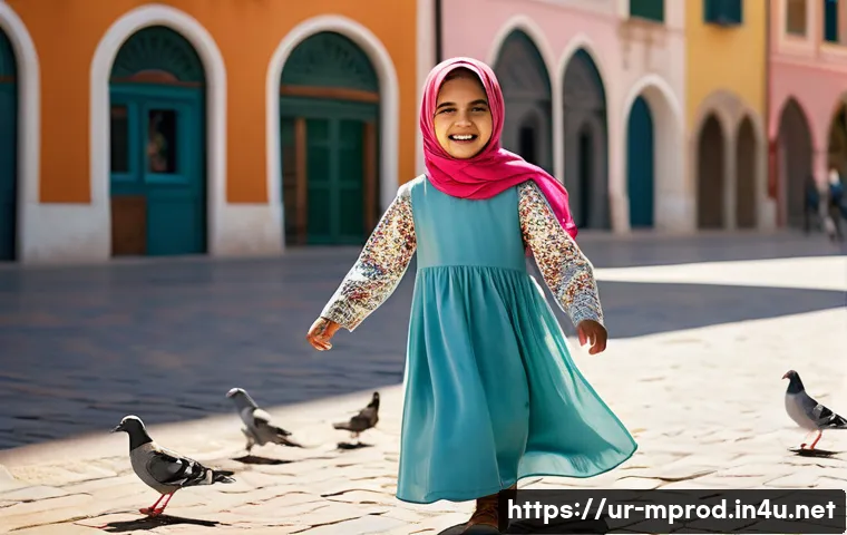 미디어 프로듀서 필수 이론 주제 - **A young girl (approximately 7 years old) wearing a colorful, patterned hijab and a modest, long-sl...